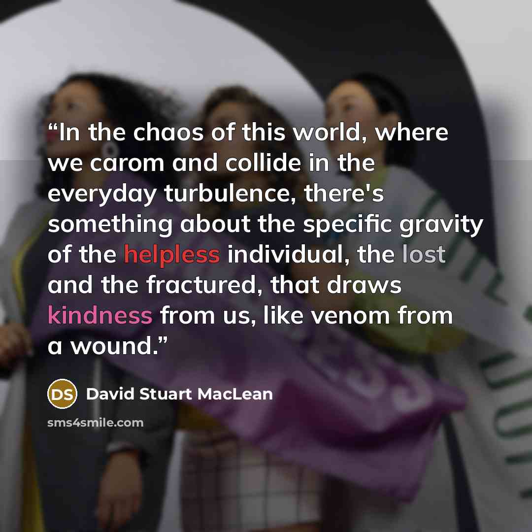 “In the chaos of this world, where we carom and collide in the everyday turbulence, there's something about the specific gravity of the helpless individual, the lost and the fractured, that draws kindness from us, like venom from a wound.” quote by David Stuart MacLean