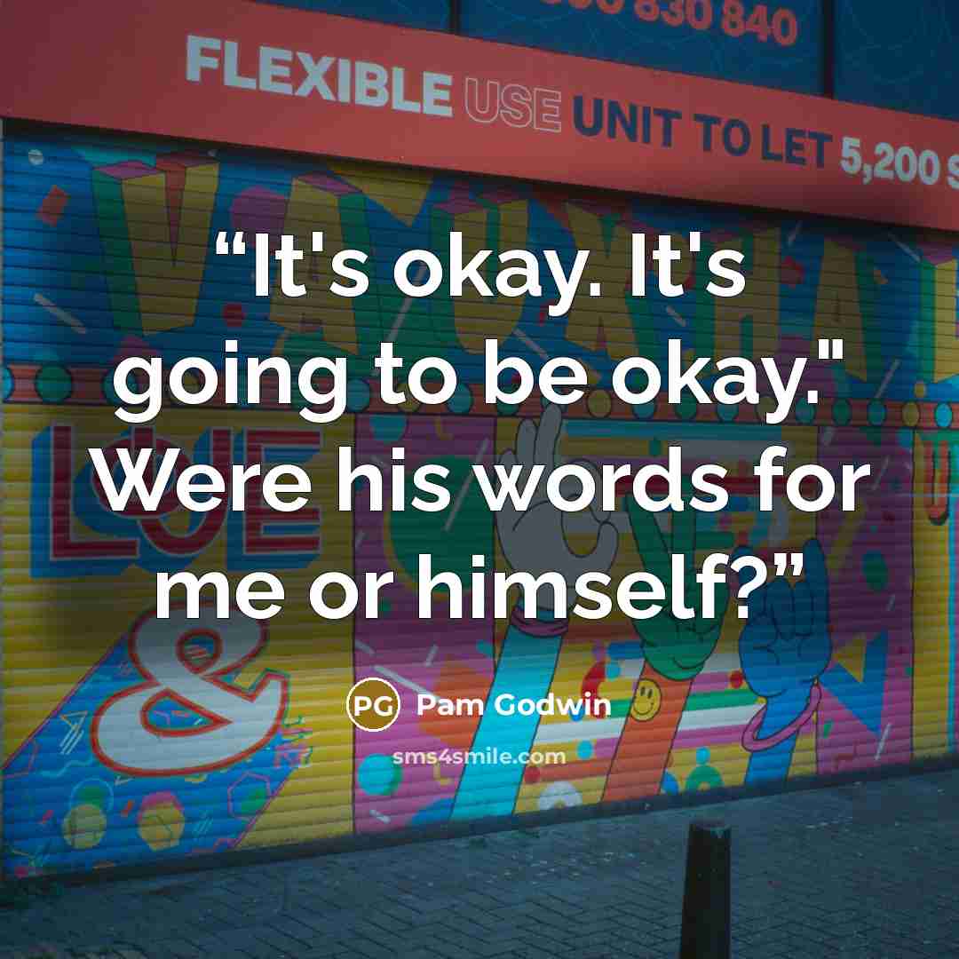 “It's okay. It's going to be okay." Were his words for me or himself?” quote by Pam Godwin