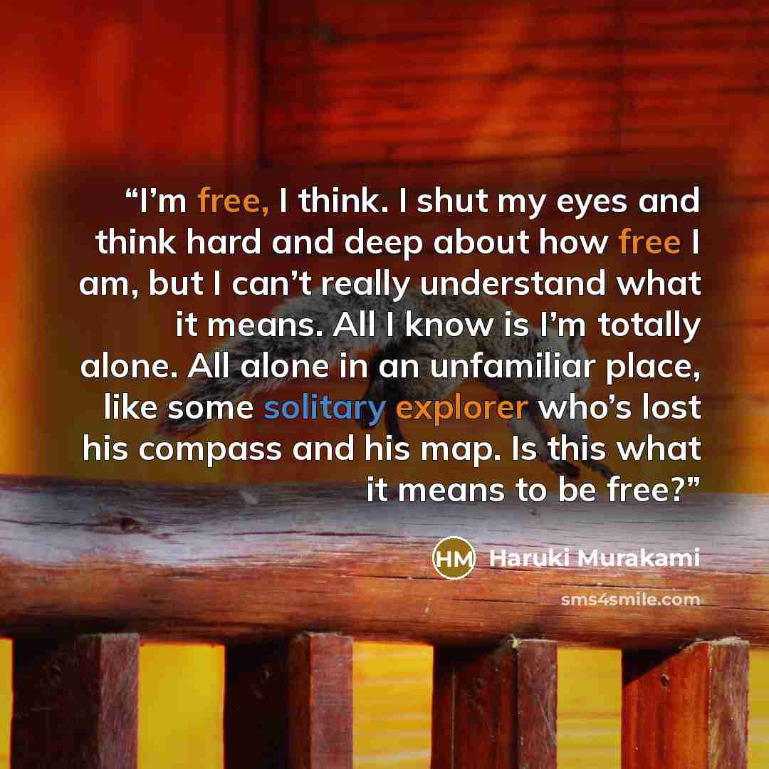 “I’m free, I think. I shut my eyes and think hard and deep about how free I am, but I can’t really understand what it means. All I know is I’m totally alone. All alone in an unfamiliar place, like some solitary explorer who’s lost his compass and his map. Is this what it means to be free?” quote by Haruki Murakami