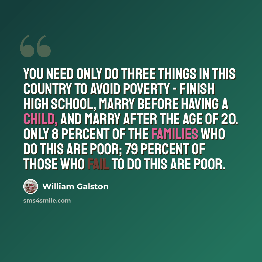“You need only do three things in this country to avoid poverty - finish high school, marry before having a child, and marry after the age of 20. Only 8 percent of the families who do this are poor; 79 percent of those who fail to do this are poor.” quote by William Galston