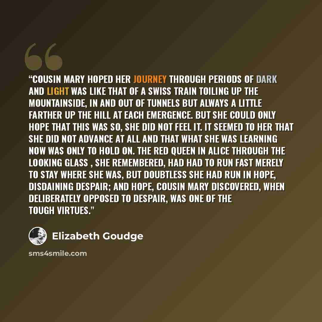 “Cousin Mary hoped her journey through periods of dark and light was like that of a Swiss train toiling up the mountainside, in and out of tunnels but always a little farther up the hill at each emergence. But she could only hope that this was so, she did not feel it. It seemed to her that she did…” quote by Elizabeth Goudge