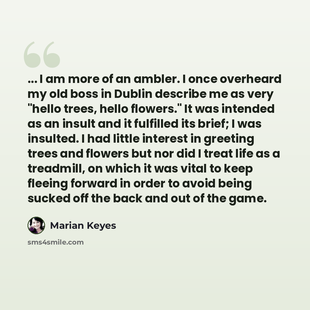 “... I am more of an ambler. I once overheard my old boss in Dublin describe me as very "hello trees, hello flowers." It was intended as an insult and it fulfilled its brief; I was insulted. I had little interest in greeting trees and flowers but nor did I treat life as a treadmill, on which it was…” quote by Marian Keyes