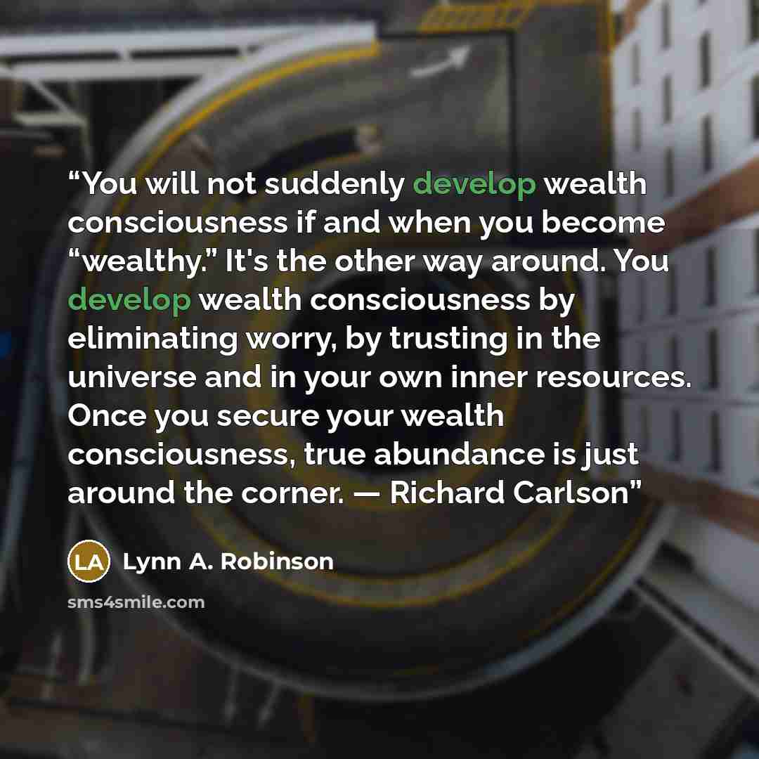 “You will not suddenly develop wealth consciousness if and when you become “wealthy.” It's the other way around. You develop wealth consciousness by eliminating worry, by trusting in the universe and in your own inner resources. Once you secure your wealth consciousness, true abundance is just…” quote by Lynn A. Robinson