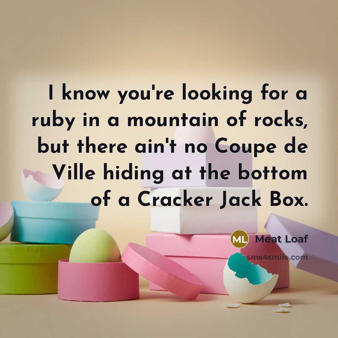 “I know you're looking for a ruby in a mountain of rocks, but there ain't no Coupe de Ville hiding at the bottom of a Cracker Jack Box.” quote by Meat Loaf