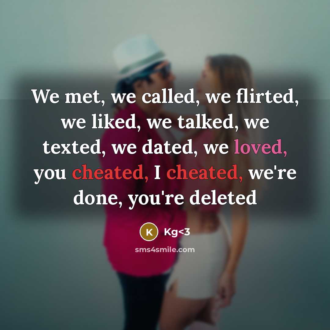 “We met, we called, we flirted, we liked, we talked, we texted, we dated, we loved, you cheated, I cheated, we're done, you're deleted” quote by Kg