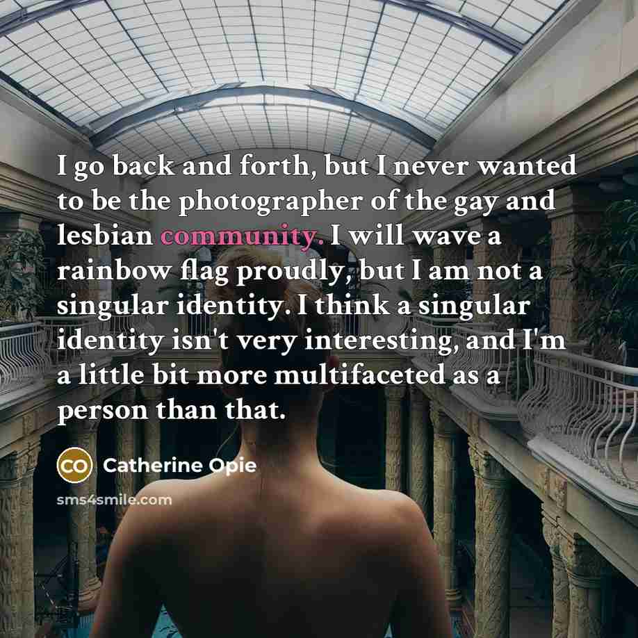 “I go back and forth, but I never wanted to be the photographer of the gay and lesbian community. I will wave a rainbow flag proudly, but I am not a singular identity. I think a singular identity isn't very interesting, and I'm a little bit more multifaceted as a person than that.” quote by Catherine Opie