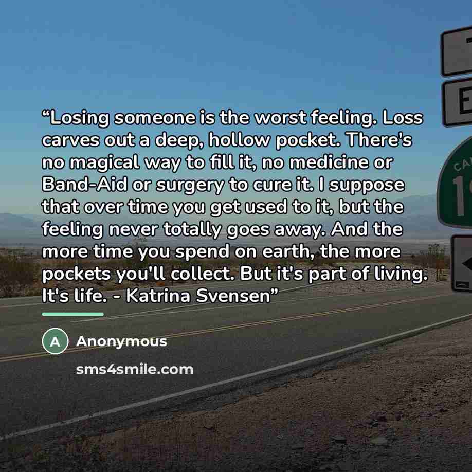 “Losing someone is the worst feeling. Loss carves out a deep, hollow pocket. There's no magical way to fill it, no medicine or Band-Aid or surgery to cure it. I suppose that over time you get used to it, but the feeling never totally goes away. And the more time you spend on earth, the more pockets…” quote by Anonymous