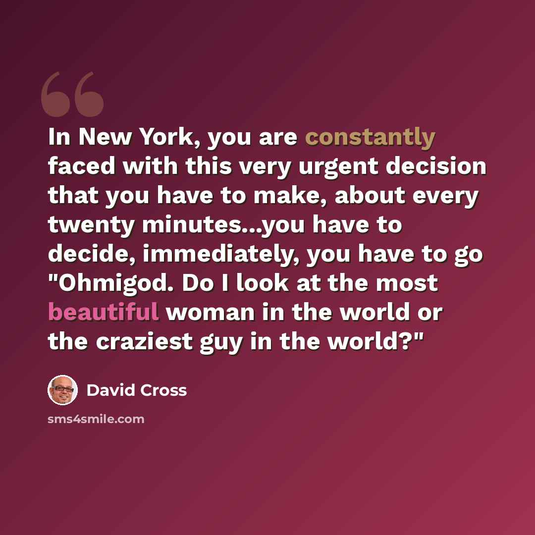 “In New York, you are constantly faced with this very urgent decision that you have to make, about every twenty minutes...you have to decide, immediately, you have to go "Ohmigod. Do I look at the most beautiful woman in the world or the craziest guy in the world?"” quote by David Cross