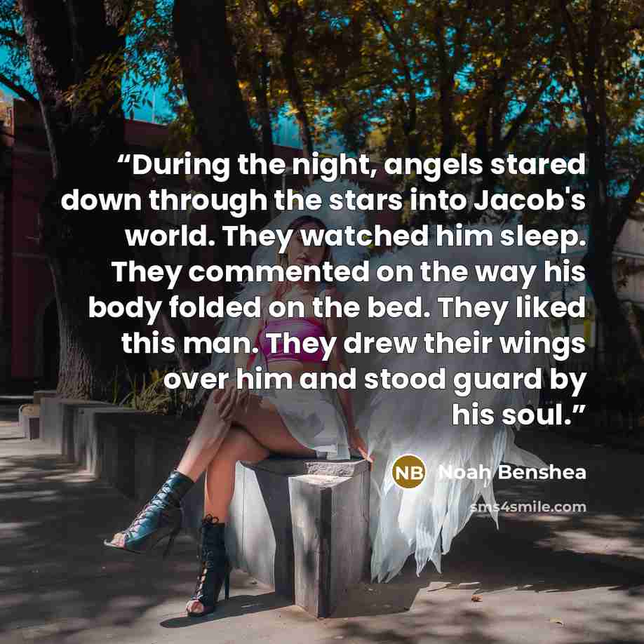 “During the night, angels stared down through the stars into Jacob's world. They watched him sleep. They commented on the way his body folded on the bed. They liked this man. They drew their wings over him and stood guard by his soul.” quote by Noah BenShea