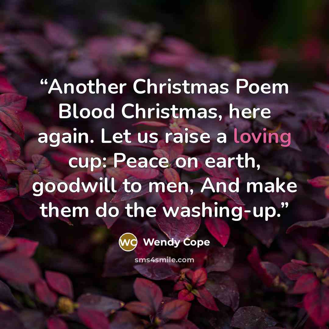 “Another Christmas Poem Blood Christmas, here again. Let us raise a loving cup: Peace on earth, goodwill to men, And make them do the washing-up.” quote by Wendy Cope