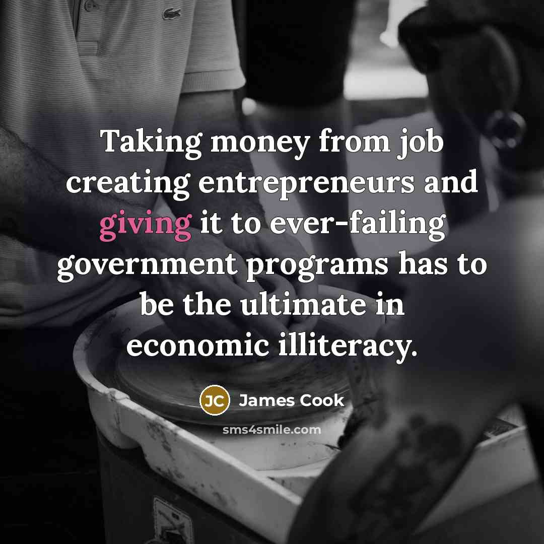 “Taking money from job creating entrepreneurs and giving it to ever-failing government programs has to be the ultimate in economic illiteracy.” quote by James Cook