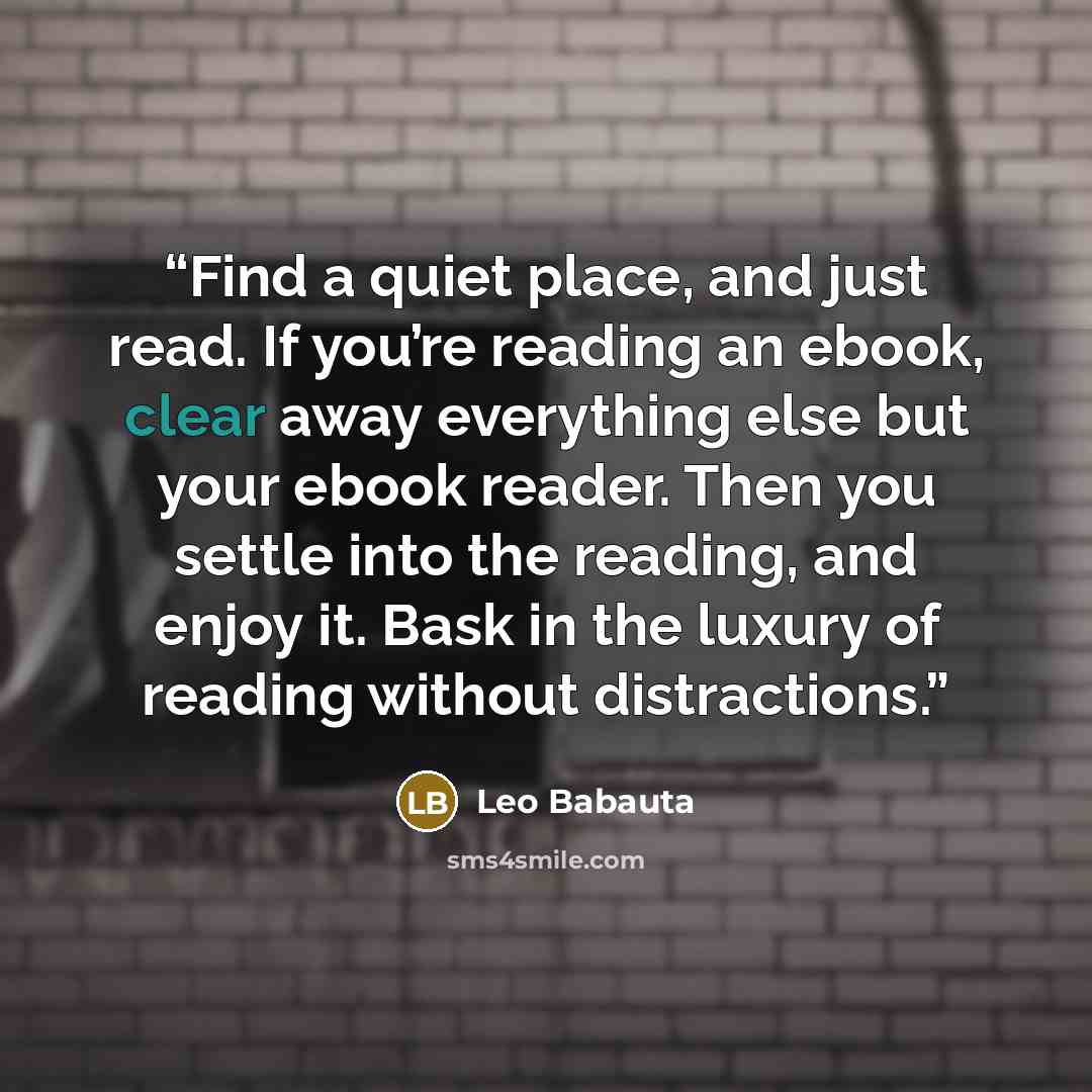 “Find a quiet place, and just read. If you’re reading an ebook, clear away everything else but your ebook reader. Then you settle into the reading, and enjoy it. Bask in the luxury of reading without distractions.” quote by Leo Babauta