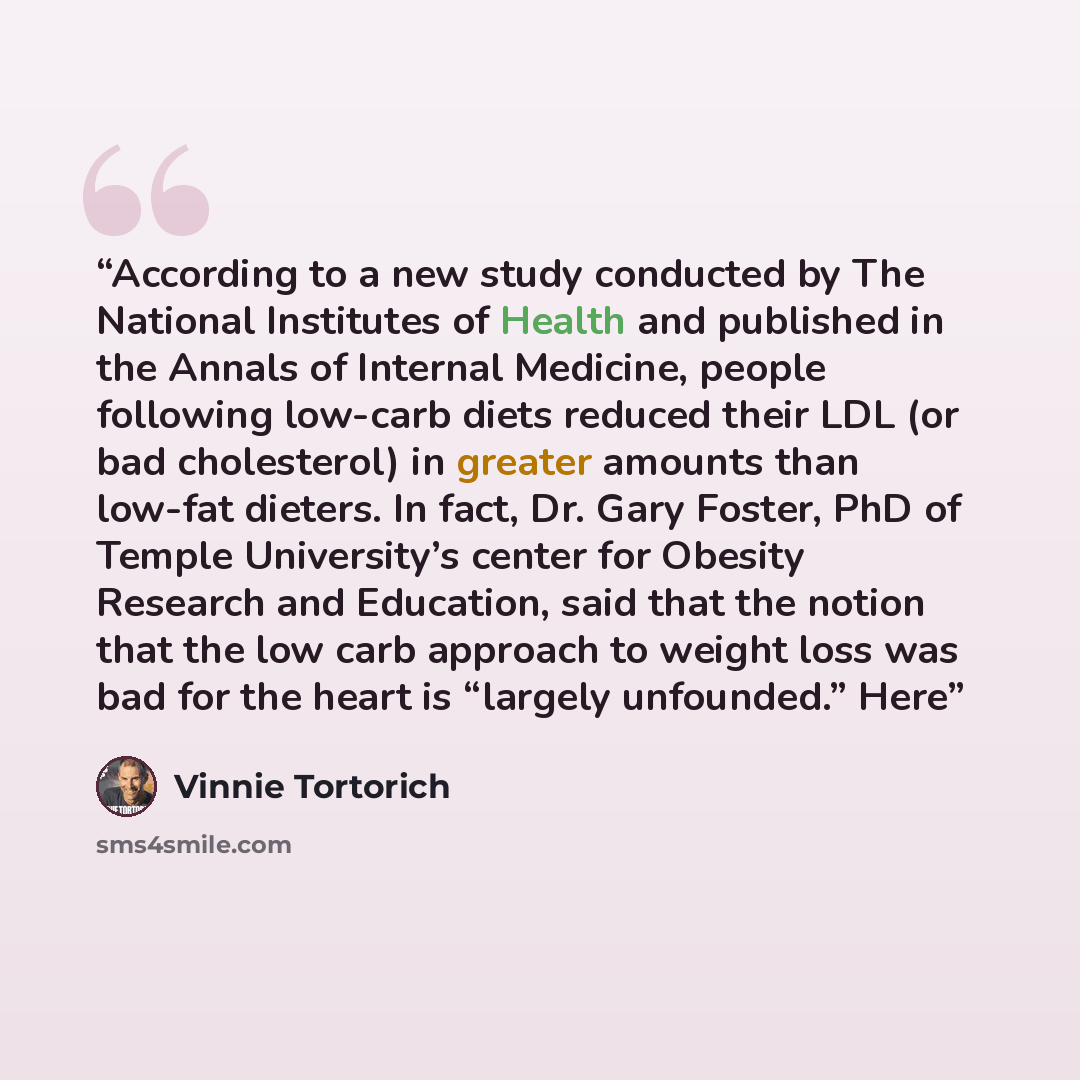 “According to a new study conducted by The National Institutes of Health and published in the Annals of Internal Medicine, people following low-carb diets reduced their LDL (or bad cholesterol) in greater amounts than low-fat dieters. In fact, Dr. Gary Foster, PhD of Temple University’s center for…” quote by Vinnie Tortorich