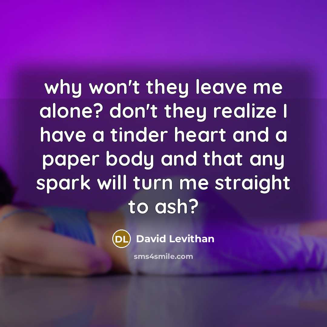 “why won't they leave me alone? don't they realize I have a tinder heart and a paper body and that any spark will turn me straight to ash?” quote by David Levithan