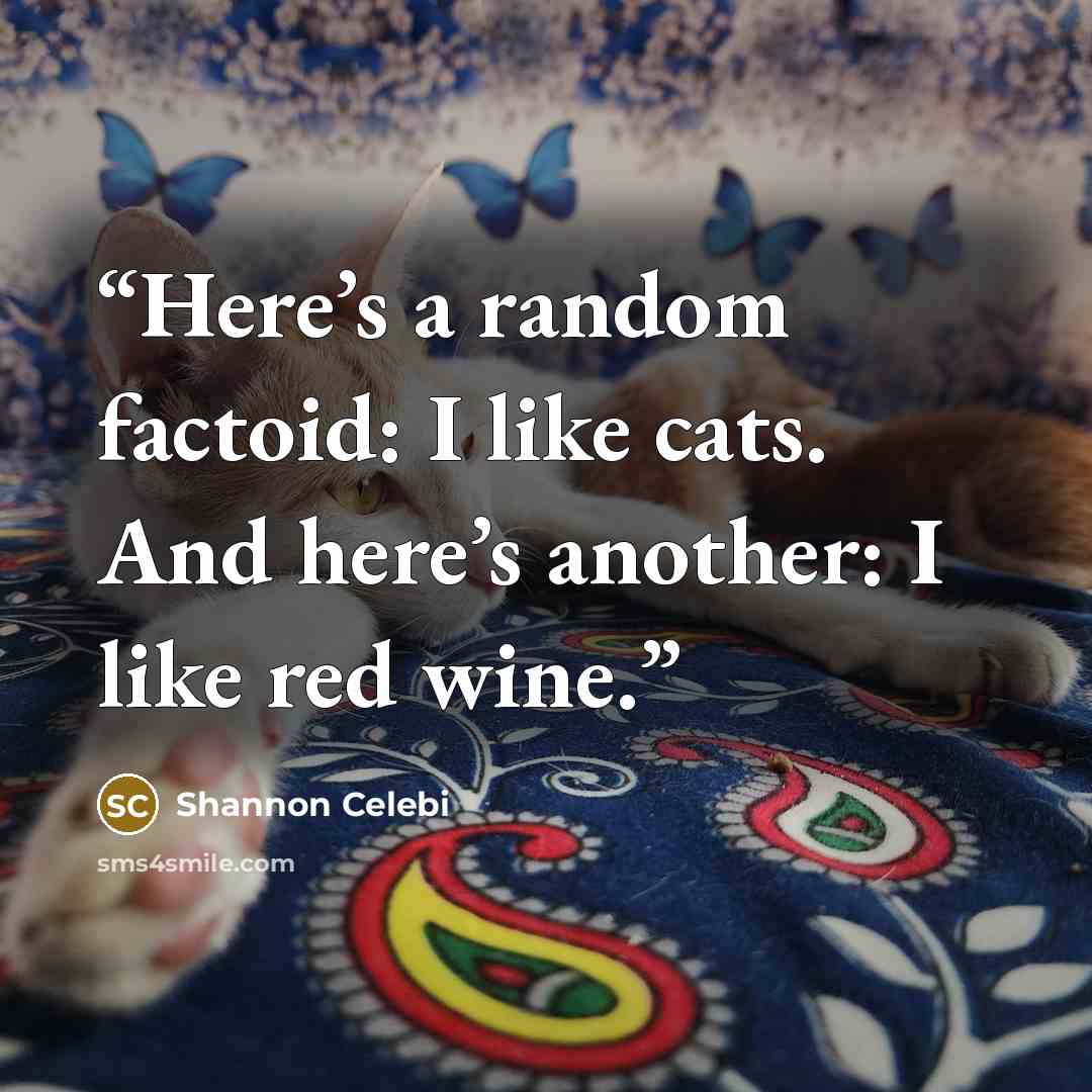 “Here’s a random factoid: I like cats. And here’s another: I like red wine.” quote by Shannon Celebi