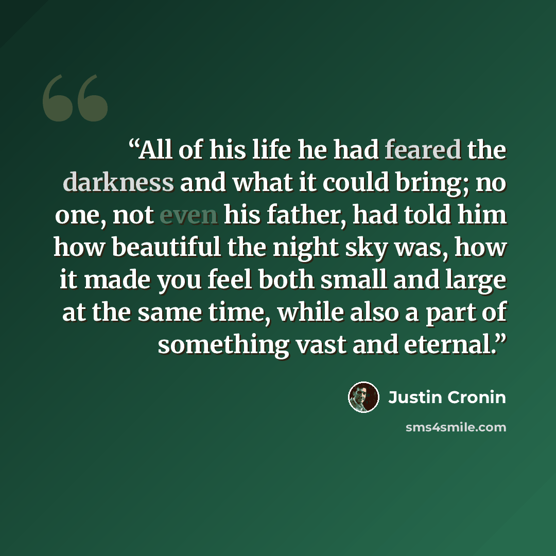 “All of his life he had feared the darkness and what it could bring; no one, not even his father, had told him how beautiful the night sky was, how it made you feel both small and large at the same time, while also a part of something vast and eternal.” quote by Justin Cronin
