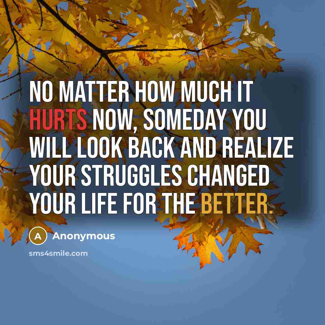 “No matter how much it hurts now, someday you will look back and realize your struggles changed your life for the better.” quote by Anonymous