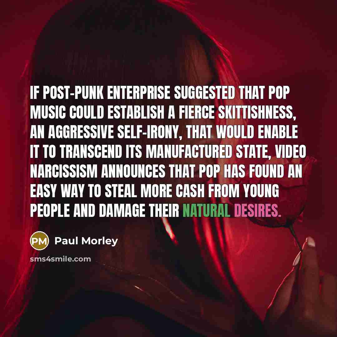 “If post-punk enterprise suggested that pop music could establish a fierce skittishness, an aggressive self-irony, that would enable it to transcend its manufactured state, video narcissism announces that pop has found an easy way to steal more cash from young people and damage their natural desires.” quote by Paul Morley
