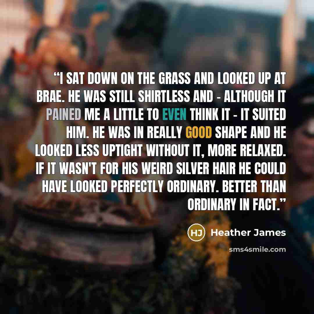 “I sat down on the grass and looked up at Brae. He was still shirtless and - although it pained me a little to even think it - it suited him. He was in really good shape and he looked less uptight without it, more relaxed. If it wasn't for his weird silver hair he could have looked perfectly…” quote by Heather James