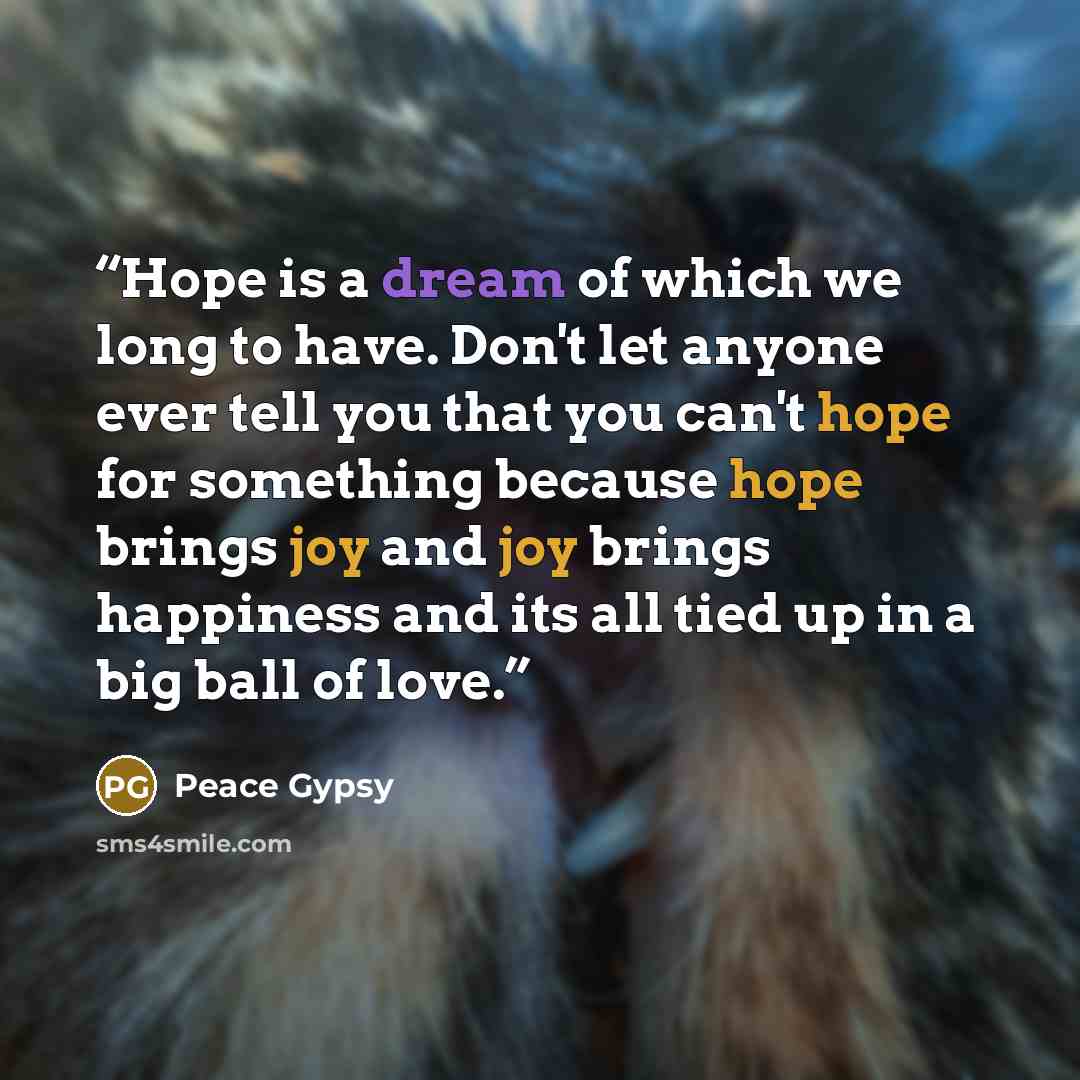 “Hope is a dream of which we long to have. Don't let anyone ever tell you that you can't hope for something because hope brings joy and joy brings happiness and its all tied up in a big ball of love.” quote by Peace Gypsy