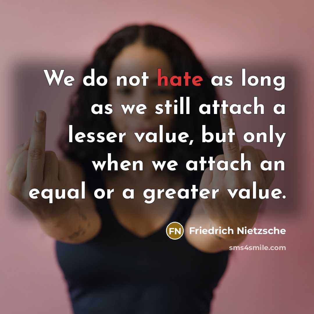 “We do not hate as long as we still attach a lesser value, but only when we attach an equal or a greater value.” quote by Friedrich Nietzsche