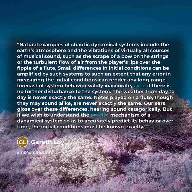“Natural examples of chaotic dynamical systems include the earth’s atmosphere and the vibrations of virtually all sources of musical sound, such as the scrape of a bow on the strings or the turbulent flow of air from the player’s lips over the fipple of a flute. Small differences in initial…” quote by Gareth Loy