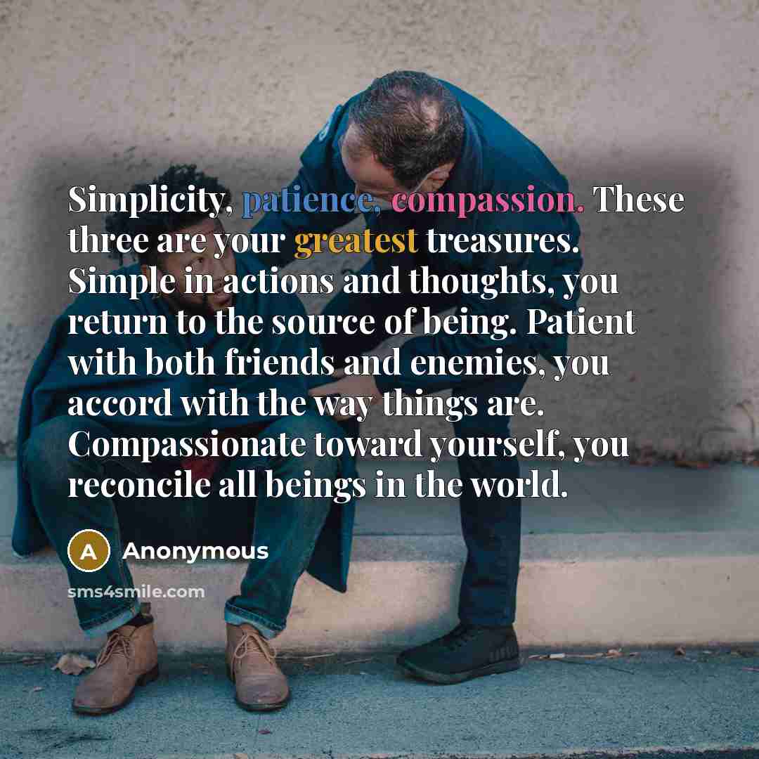 “Simplicity, patience, compassion. These three are your greatest treasures. Simple in actions and thoughts, you return to the source of being. Patient with both friends and enemies, you accord with the way things are. Compassionate toward yourself, you reconcile all beings in the world.” quote by Anonymous