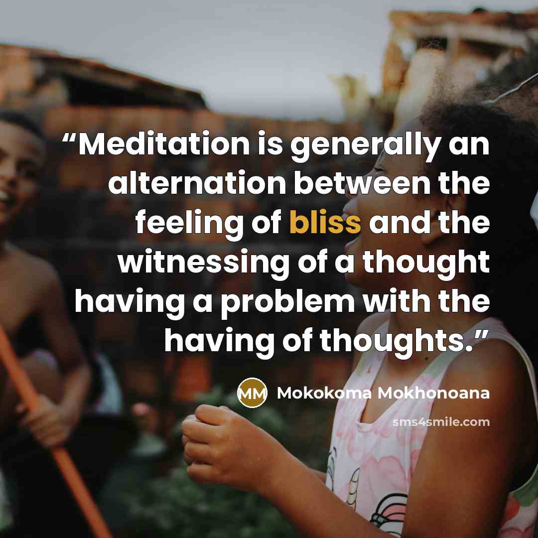 “Meditation is generally an alternation between the feeling of bliss and the witnessing of a thought having a problem with the having of thoughts.” quote by Mokokoma Mokhonoana