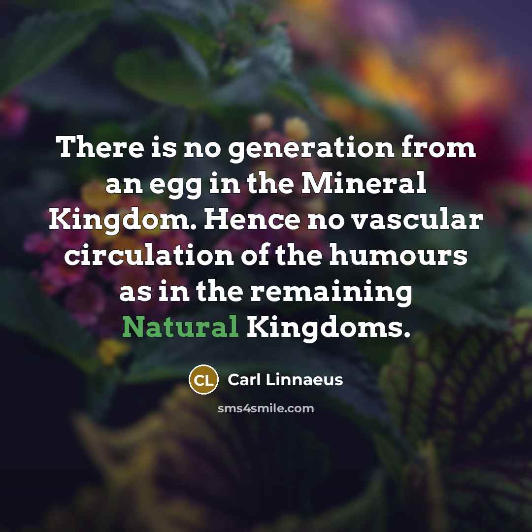 “There is no generation from an egg in the Mineral Kingdom. Hence no vascular circulation of the humours as in the remaining Natural Kingdoms.” quote by Carl Linnaeus