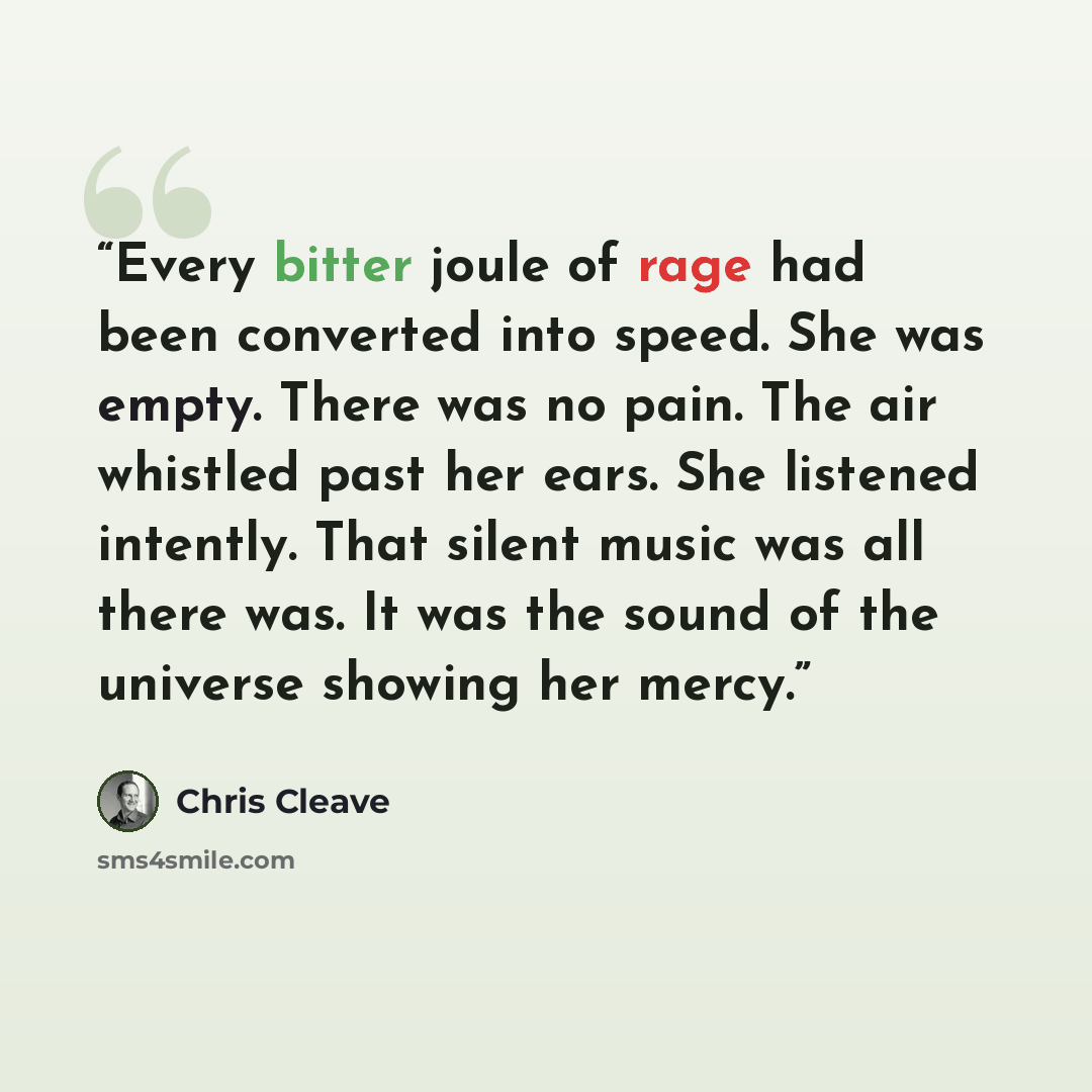 “Every bitter joule of rage had been converted into speed. She was empty. There was no pain. The air whistled past her ears. She listened intently. That silent music was all there was. It was the sound of the universe showing her mercy.” quote by Chris Cleave
