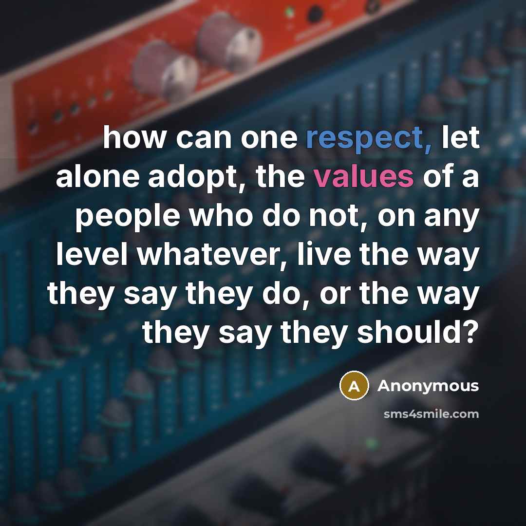 “how can one respect, let alone adopt, the values of a people who do not, on any level whatever, live the way they say they do, or the way they say they should?” quote by Anonymous