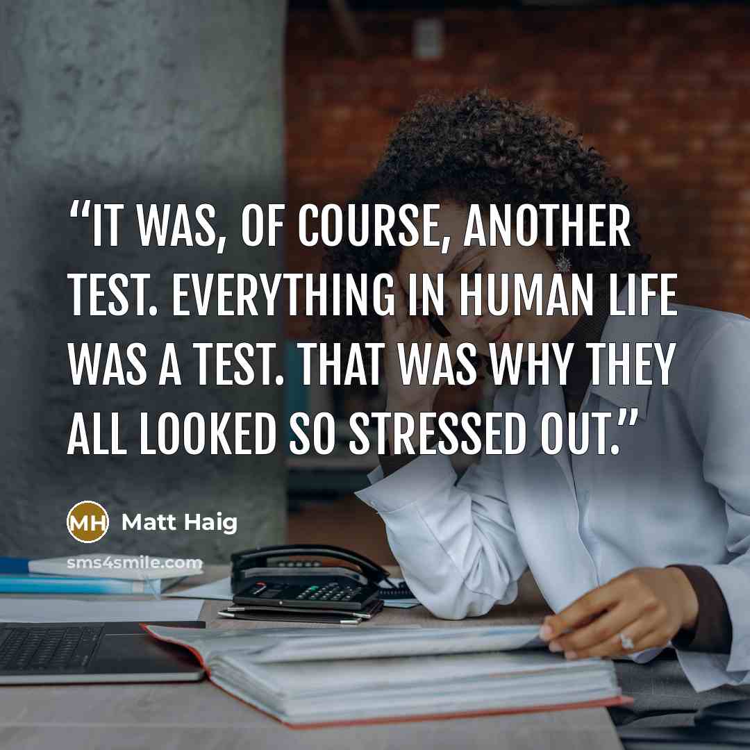 “It was, of course, another test. Everything in human life was a test. That was why they all looked so stressed out.” quote by Matt Haig