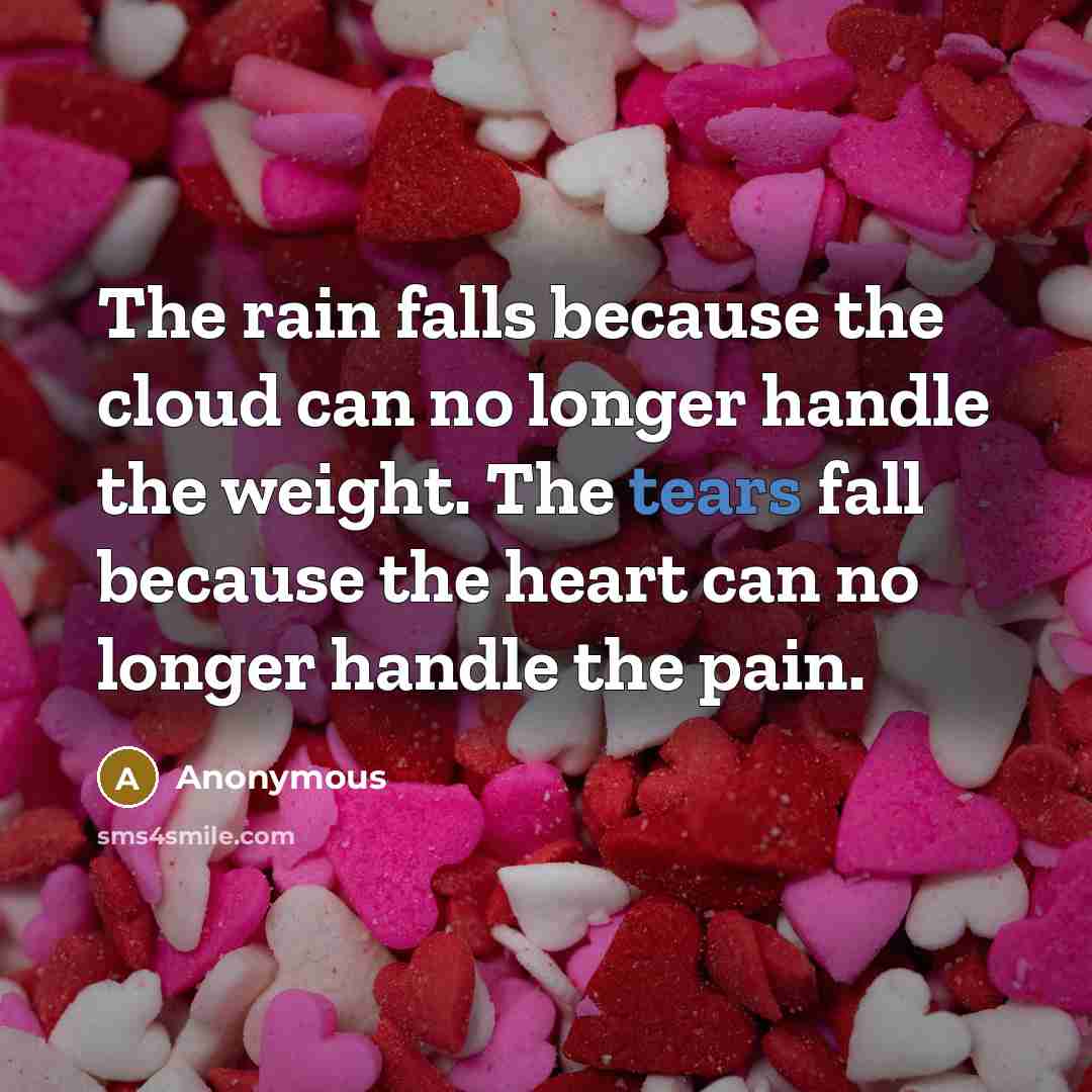 “The rain falls because the cloud can no longer handle the weight. The tears fall because the heart can no longer handle the pain.” quote by Anonymous