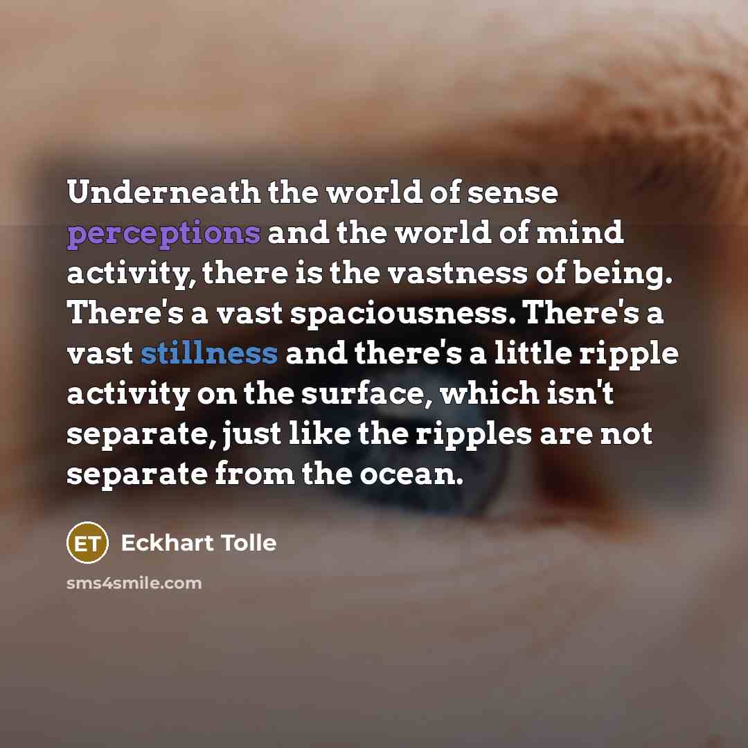 “Underneath the world of sense perceptions and the world of mind activity, there is the vastness of being. There's a vast spaciousness. There's a vast stillness and there's a little ripple activity on the surface, which isn't separate, just like the ripples are not separate from the ocean.” quote by Eckhart Tolle