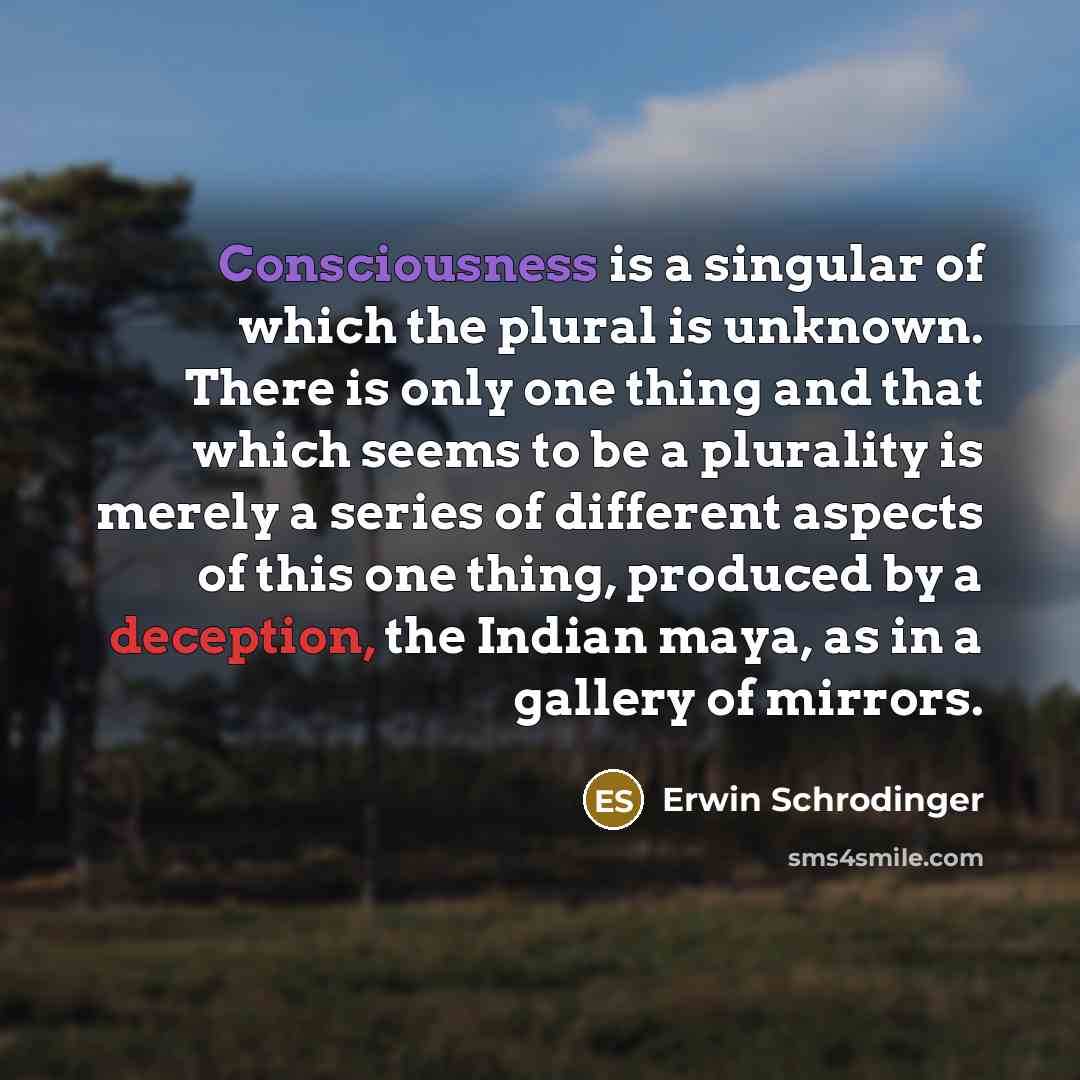 “Consciousness is a singular of which the plural is unknown. There is only one thing and that which seems to be a plurality is merely a series of different aspects of this one thing, produced by a deception, the Indian maya, as in a gallery of mirrors.” quote by Erwin Schrodinger