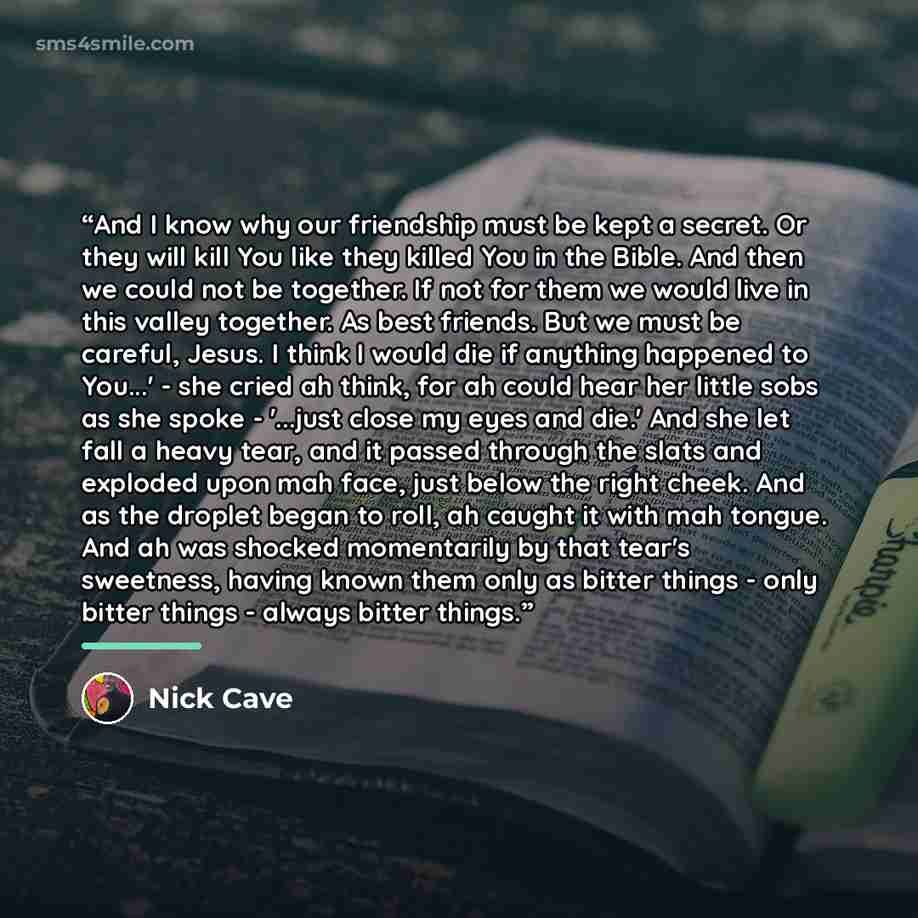 “And I know why our friendship must be kept a secret. Or they will kill You like they killed You in the Bible. And then we could not be together. If not for them we would live in this valley together. As best friends. But we must be careful, Jesus. I think I would die if anything happened to…” quote by Nick Cave