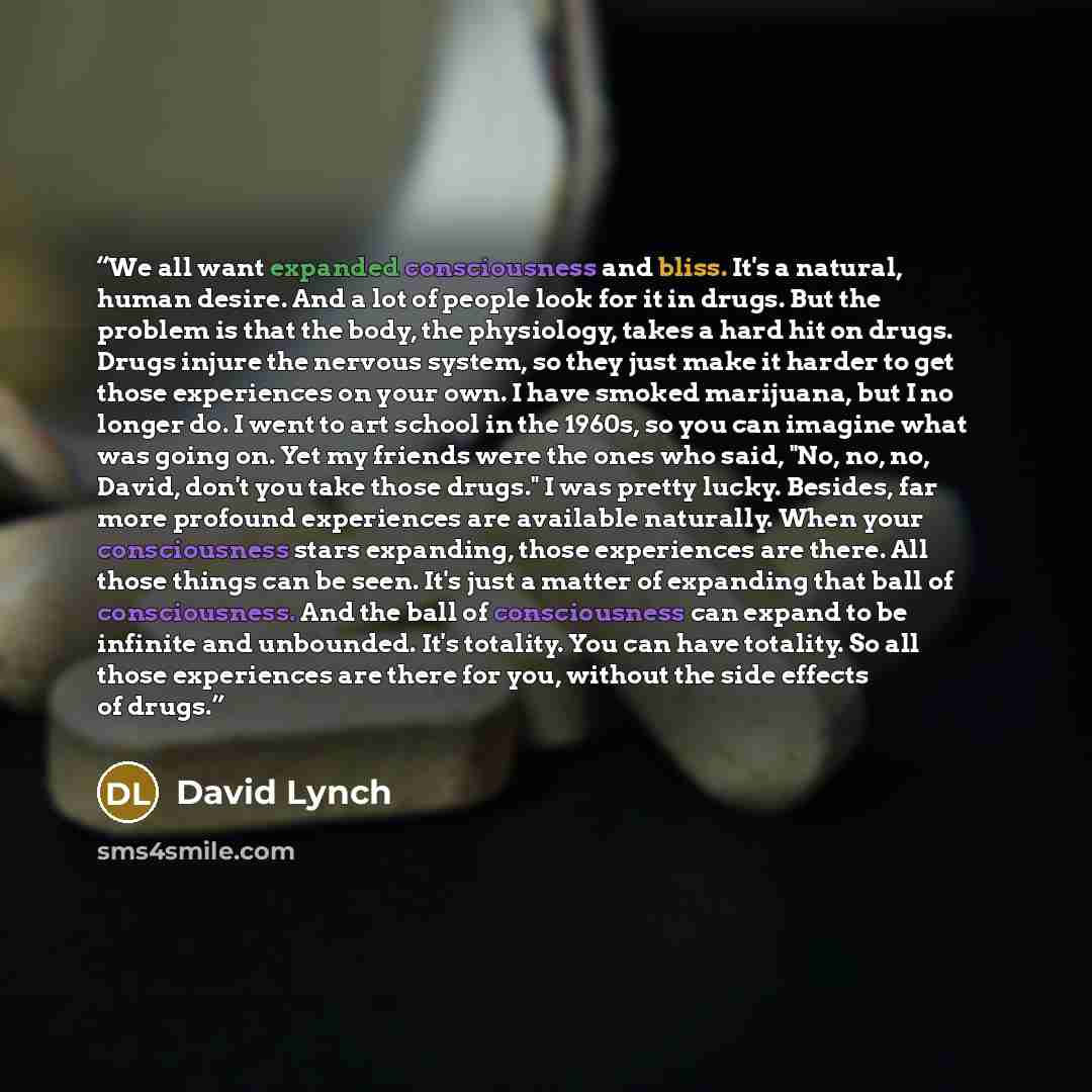 “We all want expanded consciousness and bliss. It's a natural, human desire. And a lot of people look for it in drugs. But the problem is that the body, the physiology, takes a hard hit on drugs. Drugs injure the nervous system, so they just make it harder to get those experiences on your own. I…” quote by David Lynch