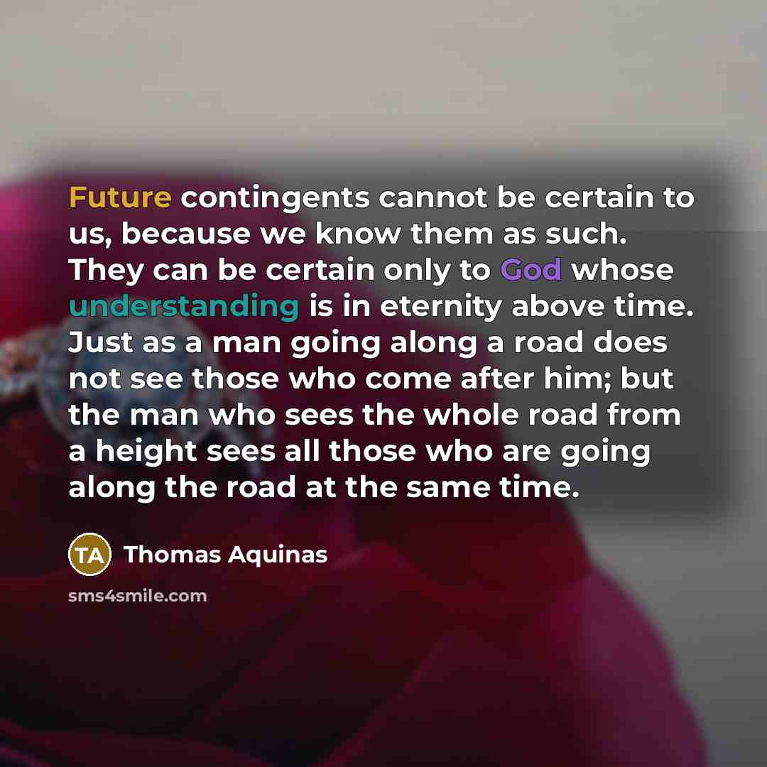 “Future contingents cannot be certain to us, because we know them as such. They can be certain only to God whose understanding is in eternity above time. Just as a man going along a road does not see those who come after him; but the man who sees the whole road from a height sees all those who are…” quote by Thomas Aquinas