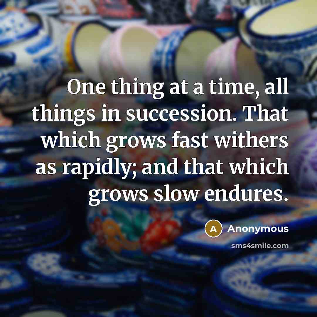“One thing at a time, all things in succession. That which grows fast withers as rapidly; and that which grows slow endures.” quote by Anonymous