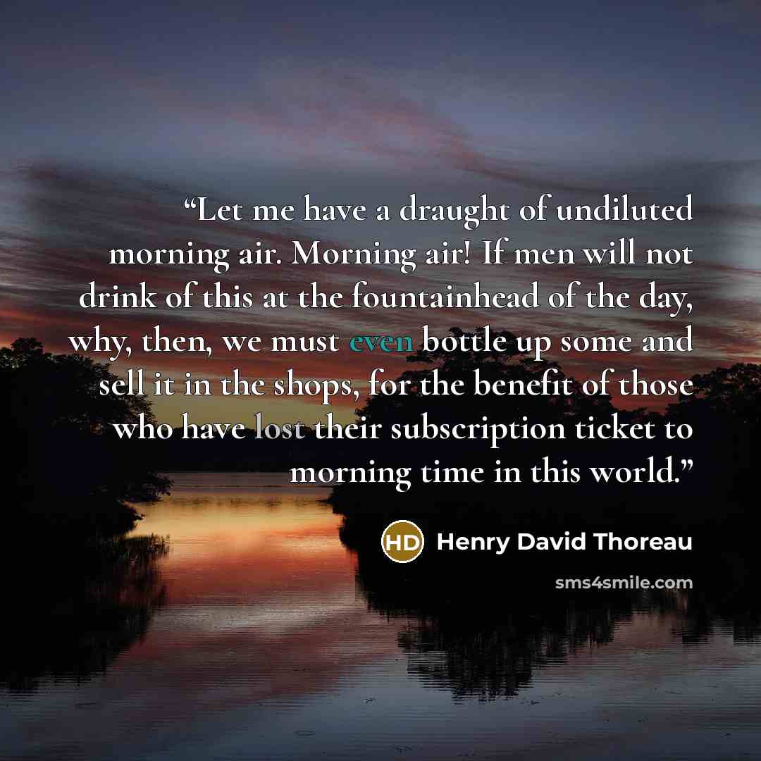 “Let me have a draught of undiluted morning air. Morning air! If men will not drink of this at the fountainhead of the day, why, then, we must even bottle up some and sell it in the shops, for the benefit of those who have lost their subscription ticket to morning time in this world.” quote by Henry David Thoreau