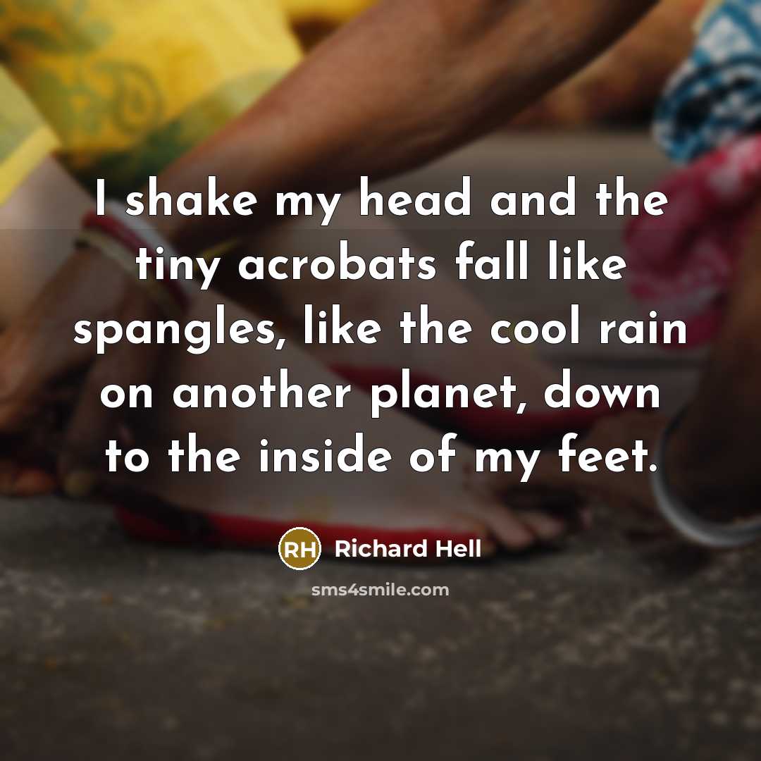 “I shake my head and the tiny acrobats fall like spangles, like the cool rain on another planet, down to the inside of my feet.” quote by Richard Hell