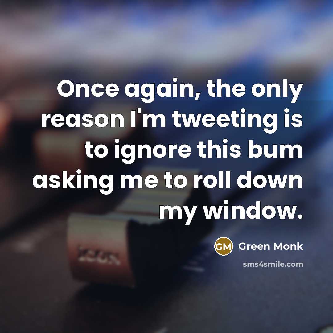 “Once again, the only reason I'm tweeting is to ignore this bum asking me to roll down my window.” quote by Green Monk