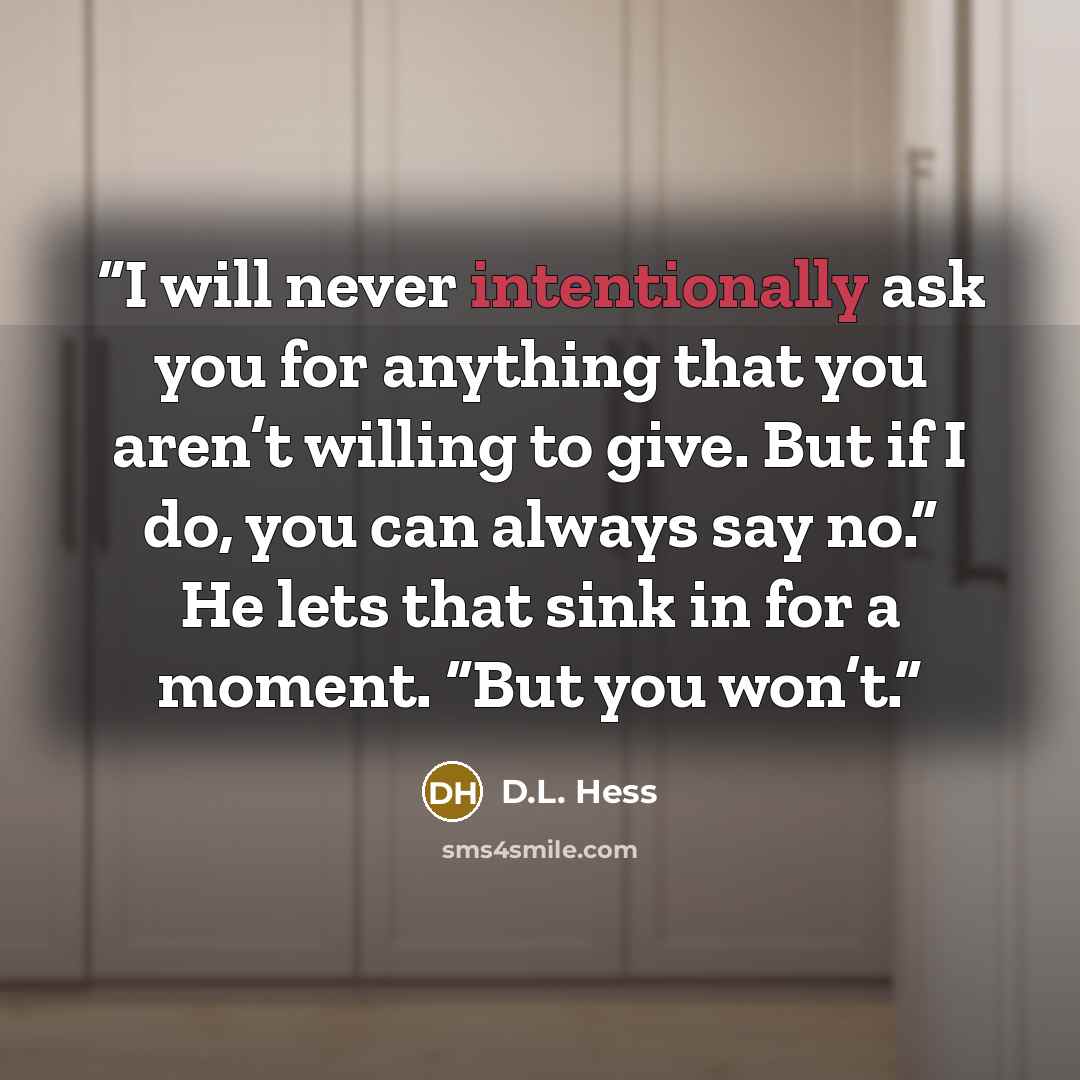 “I will never intentionally ask you for anything that you aren’t willing to give. But if I do, you can always say no.” He lets that sink in for a moment. “But you won’t.” quote by D.L. Hess
