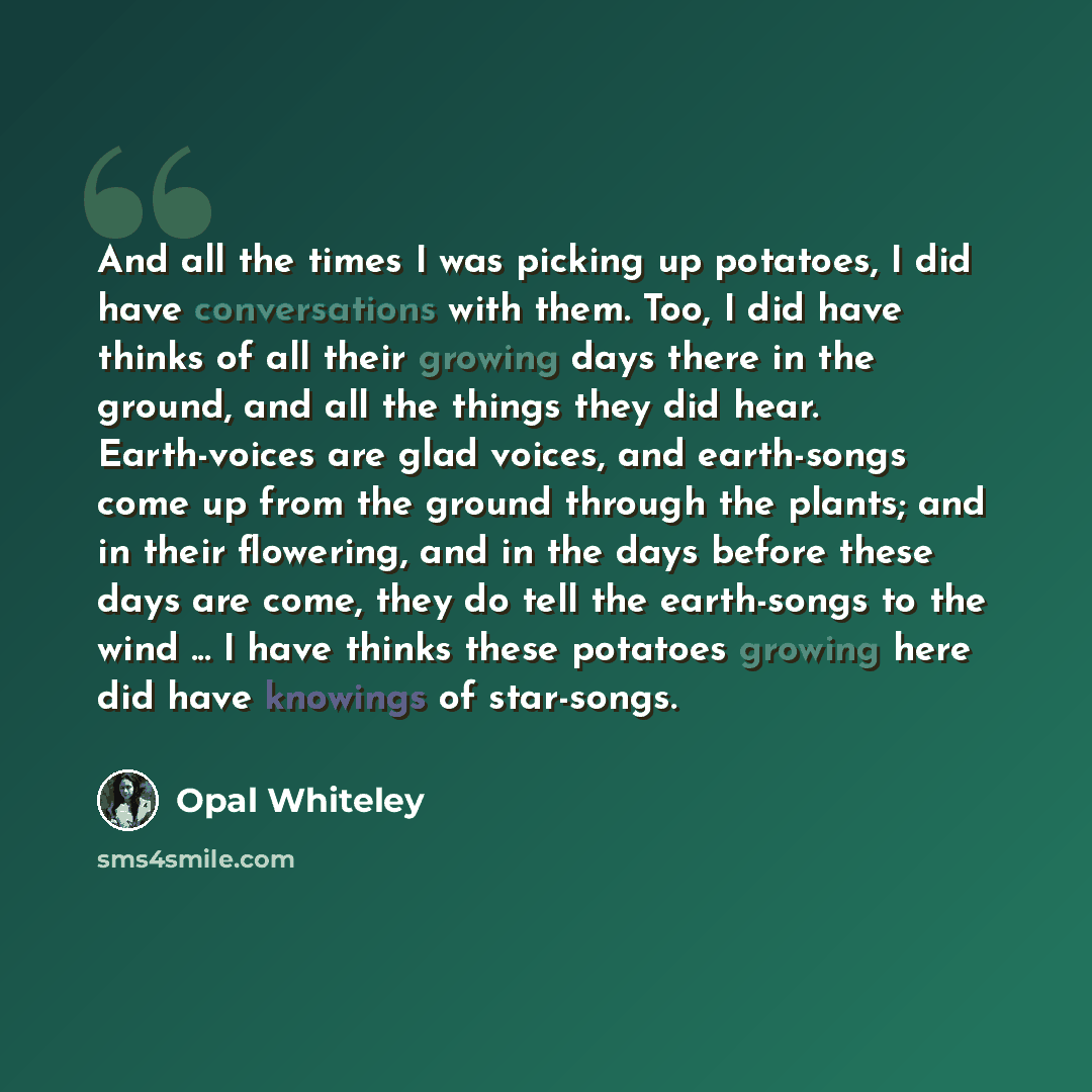 “And all the times I was picking up potatoes, I did have conversations with them. Too, I did have thinks of all their growing days there in the ground, and all the things they did hear. Earth-voices are glad voices, and earth-songs come up from the ground through the plants; and in their flowering…” quote by Opal Whiteley