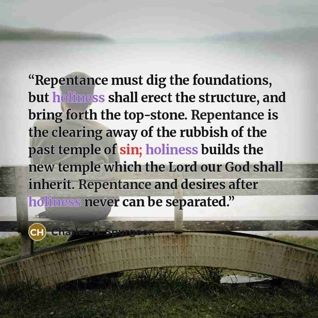 “Repentance must dig the foundations, but holiness shall erect the structure, and bring forth the top-stone. Repentance is the clearing away of the rubbish of the past temple of sin; holiness builds the new temple which the Lord our God shall inherit. Repentance and desires after holiness never can…” quote by Charles H. Spurgeon