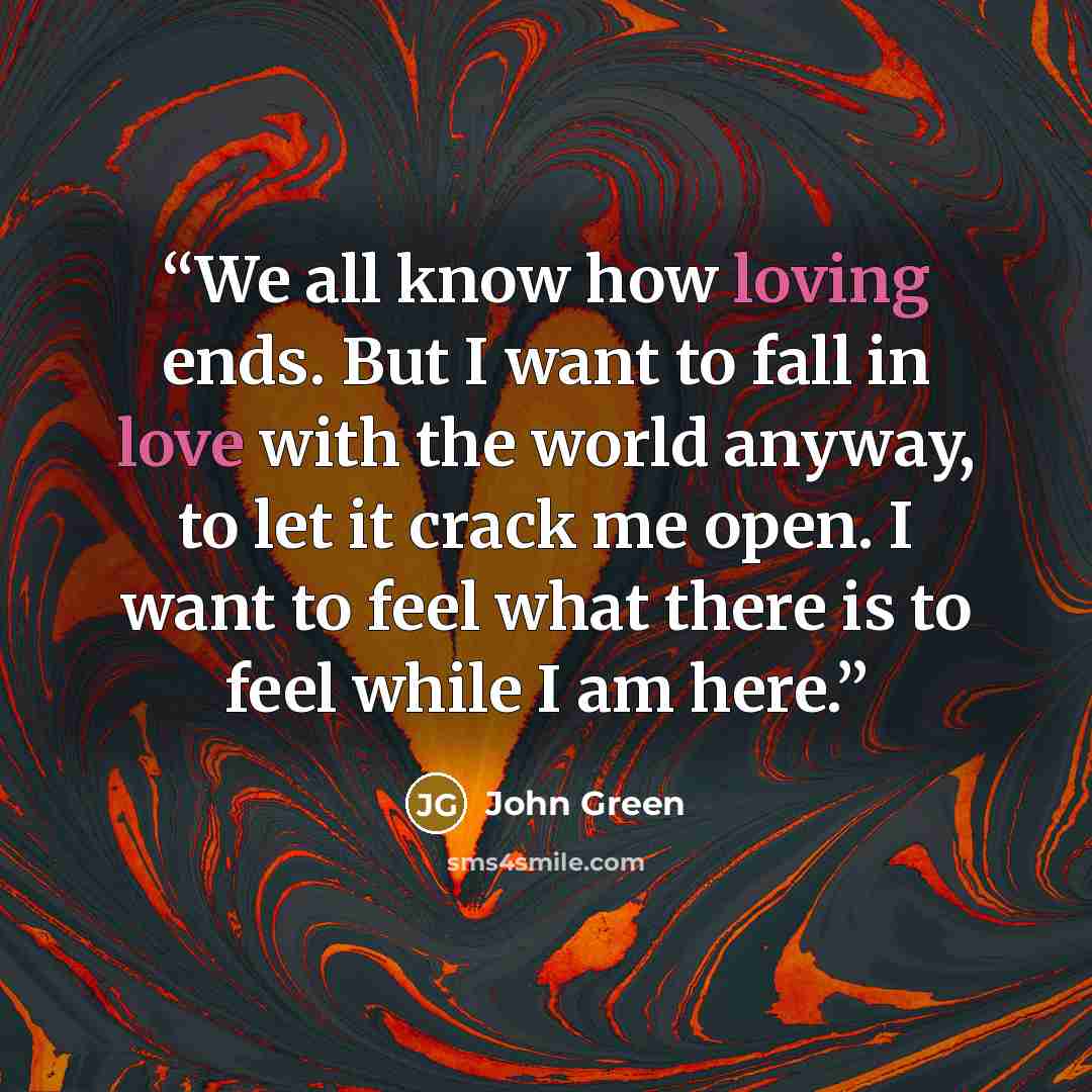 “We all know how loving ends. But I want to fall in love with the world anyway, to let it crack me open. I want to feel what there is to feel while I am here.” quote by John Green