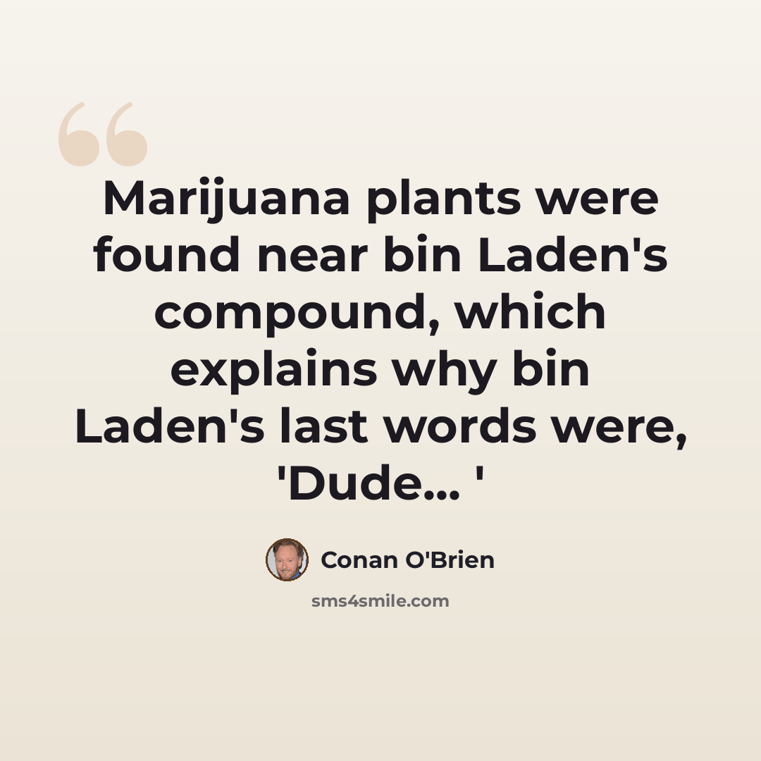 “Marijuana plants were found near bin Laden's compound, which explains why bin Laden's last words were, 'Dude... '” quote by Conan O'Brien