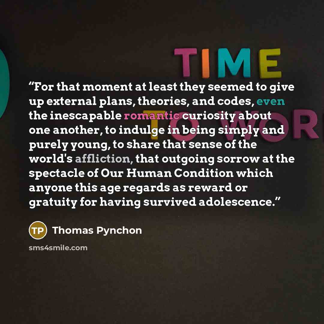 “For that moment at least they seemed to give up external plans, theories, and codes, even the inescapable romantic curiosity about one another, to indulge in being simply and purely young, to share that sense of the world's affliction, that outgoing sorrow at the spectacle of Our Human Condition…” quote by Thomas Pynchon