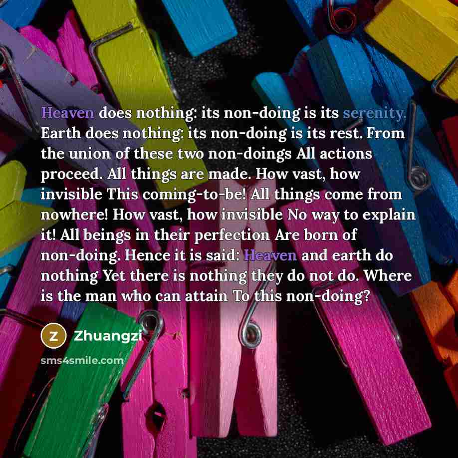 “Heaven does nothing: its non-doing is its serenity. Earth does nothing: its non-doing is its rest. From the union of these two non-doings All actions proceed. All things are made. How vast, how invisible This coming-to-be! All things come from nowhere! How vast, how invisible No way to explain it!…” quote by Zhuangzi