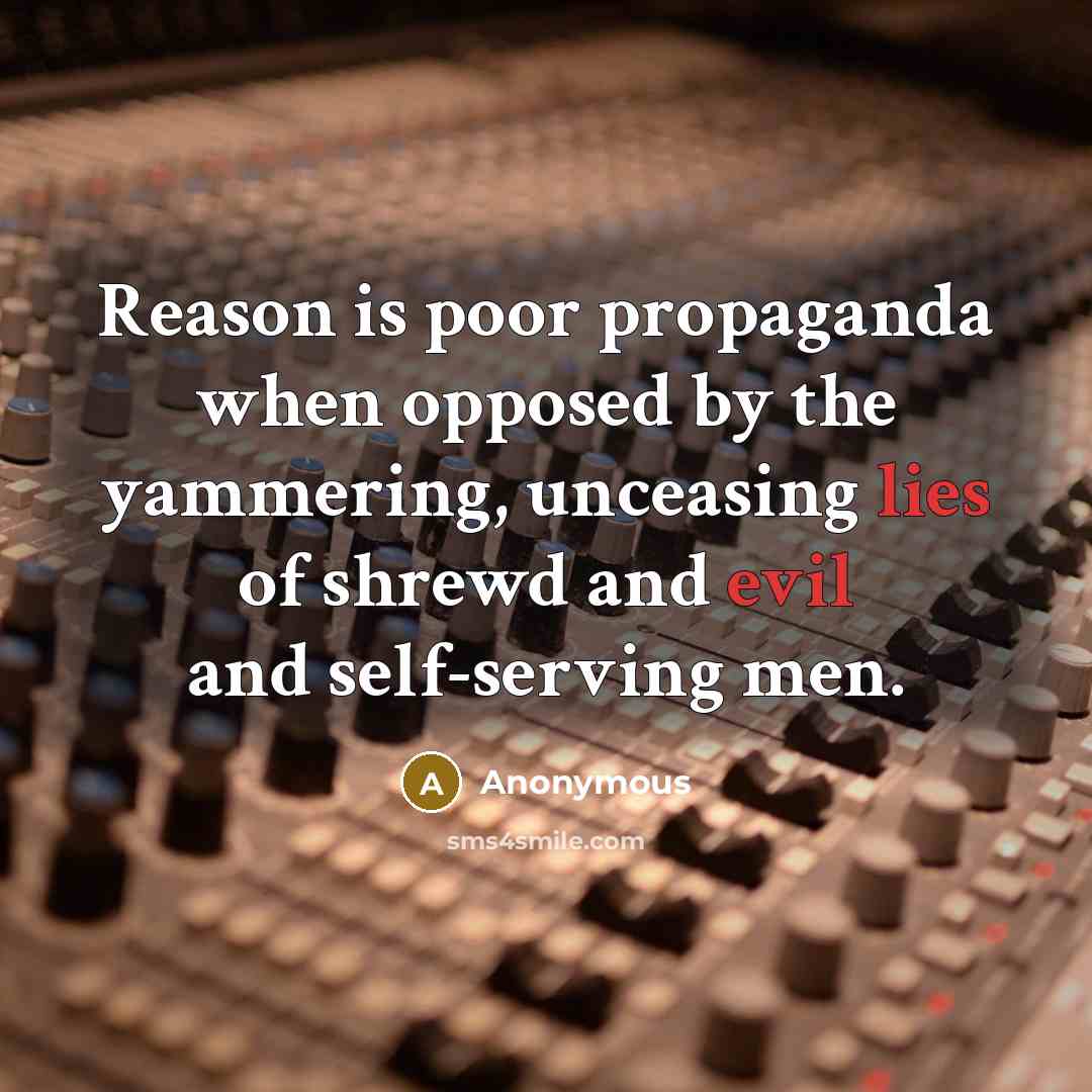 “Reason is poor propaganda when opposed by the yammering, unceasing lies of shrewd and evil and self-serving men.” quote by Anonymous